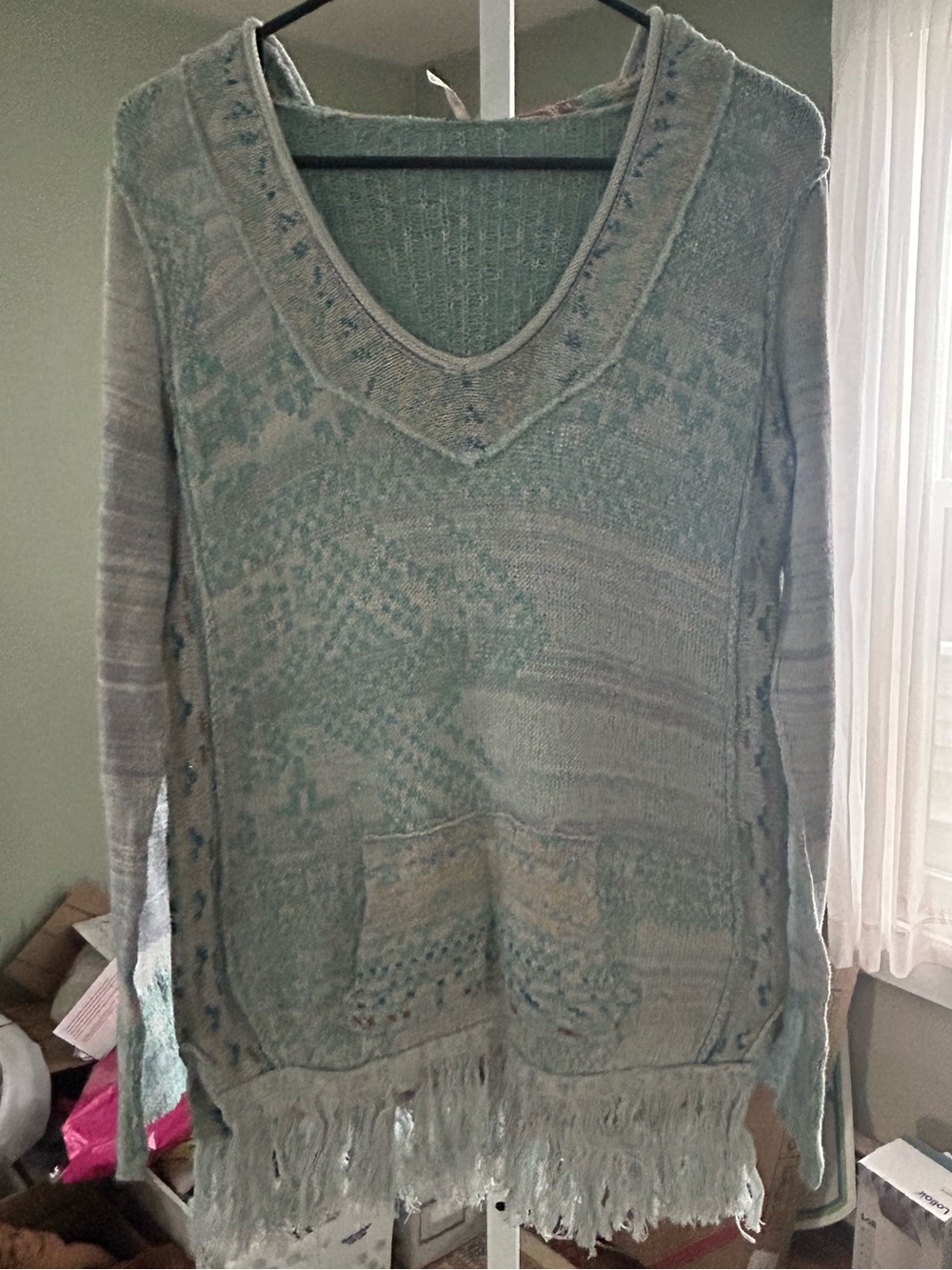 Free People multi colored  Fringe Knit V-Neck Sweater with hood
